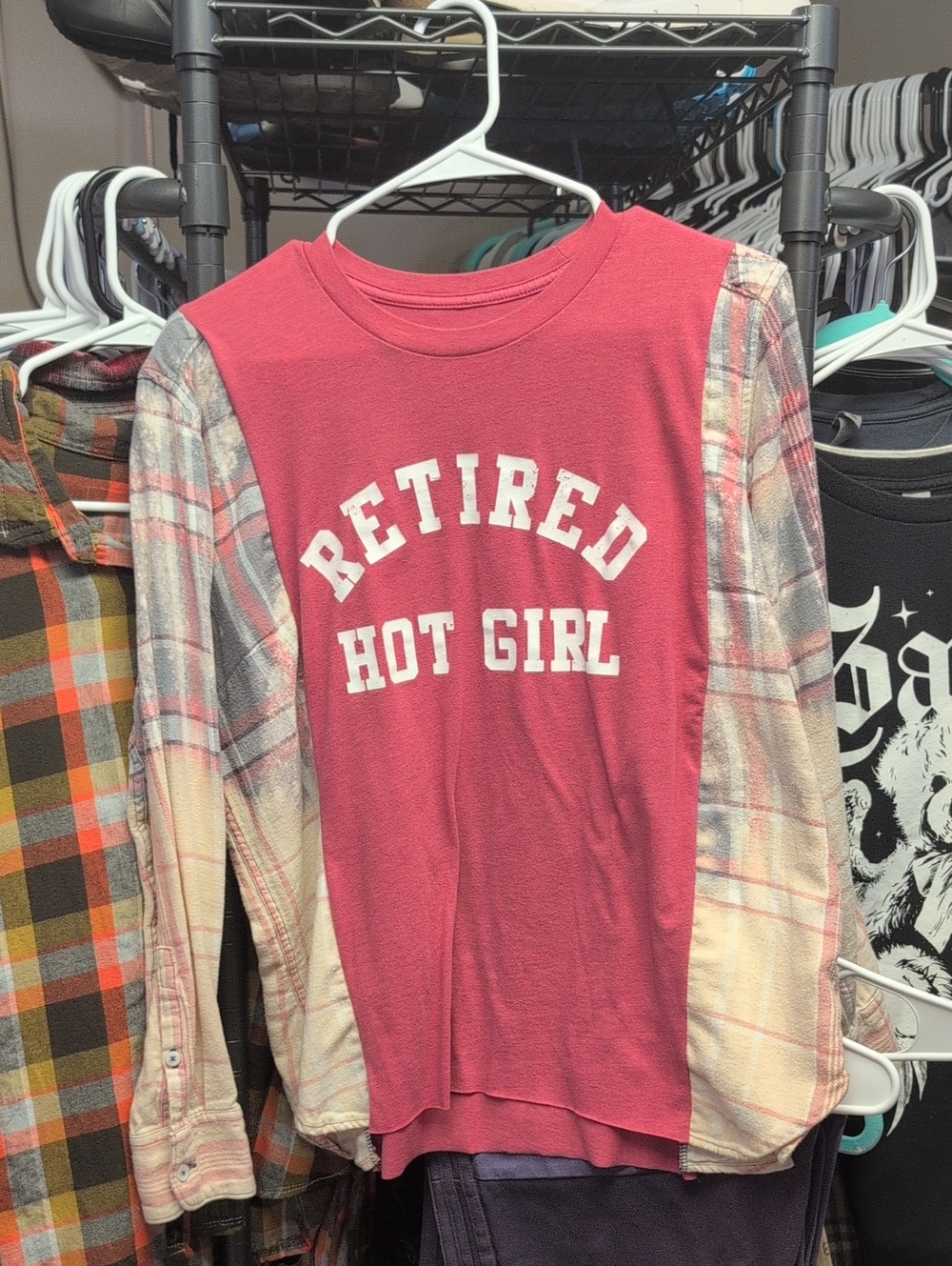 Retired Hot Girl Pink Plaid Sleeve Upcycle